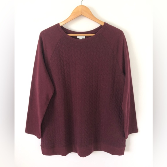 J Jill Sweater XL Burgundy Long Sleeve Pullover  Textured Sweatshirt Pockets - Picture 1 of 10